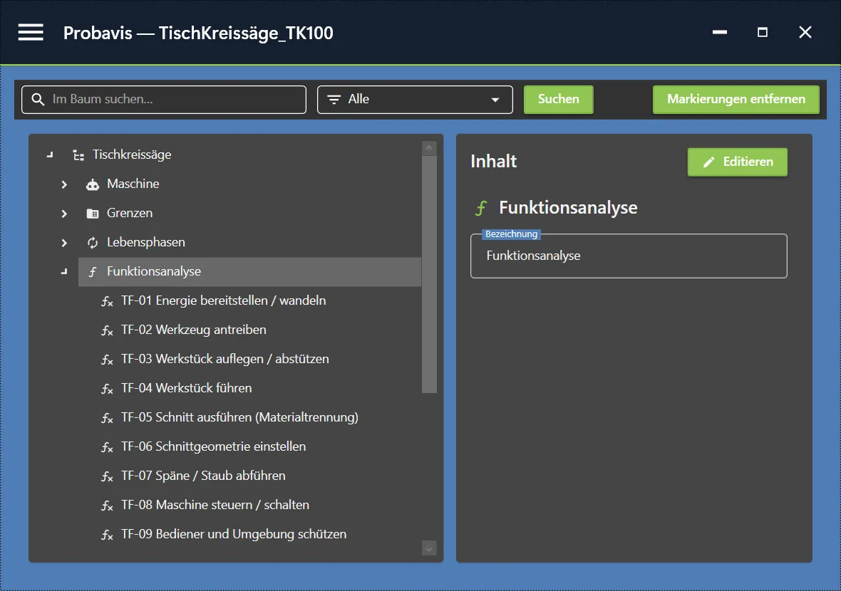 Probavis-Projektbaum mit dem Zweig Funktionsanalyse und zehn technischen Funktionen