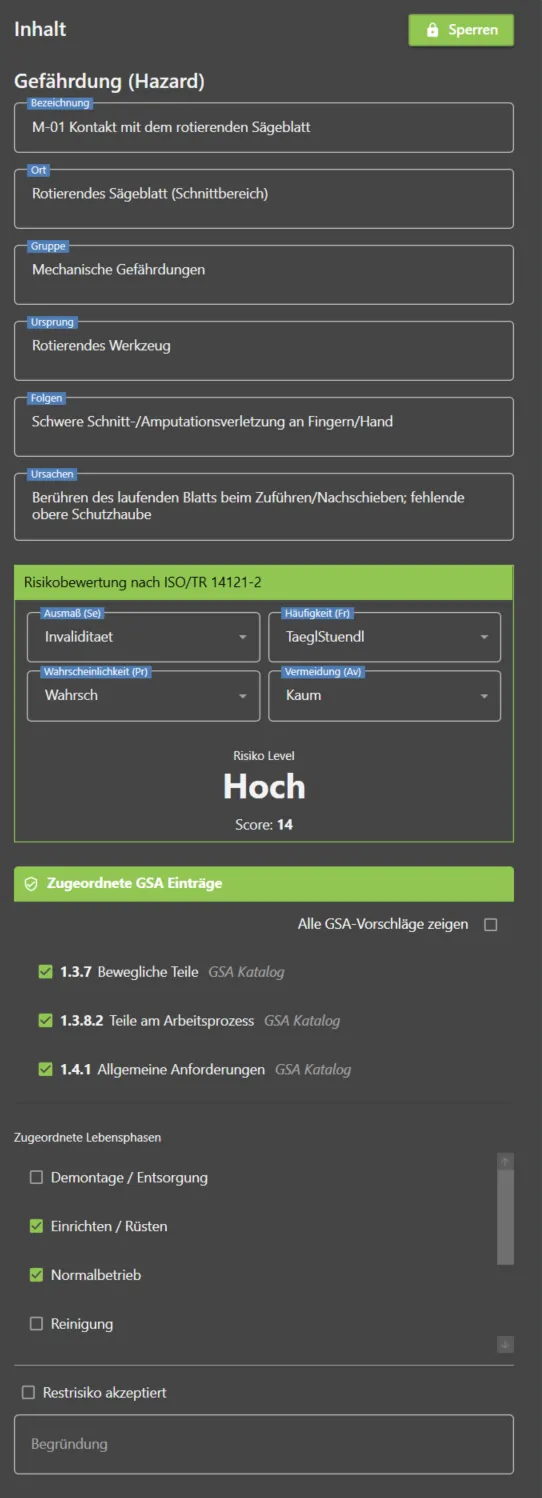 Detailansicht einer Gefährdung in Probavis mit den Feldern Bezeichnung, Ort, Gruppe, Ursprung, Folgen und Ursachen, darunter die Risikobewertung mit Se, Fr, Pr und Av samt Risikolevel, die zugeordneten GSA-Einträge, die betroffenen Lebensphasen und das Restrisiko